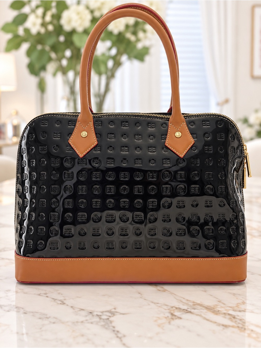 Arcadia Black and Tan Patent Leather Satchel Handbag